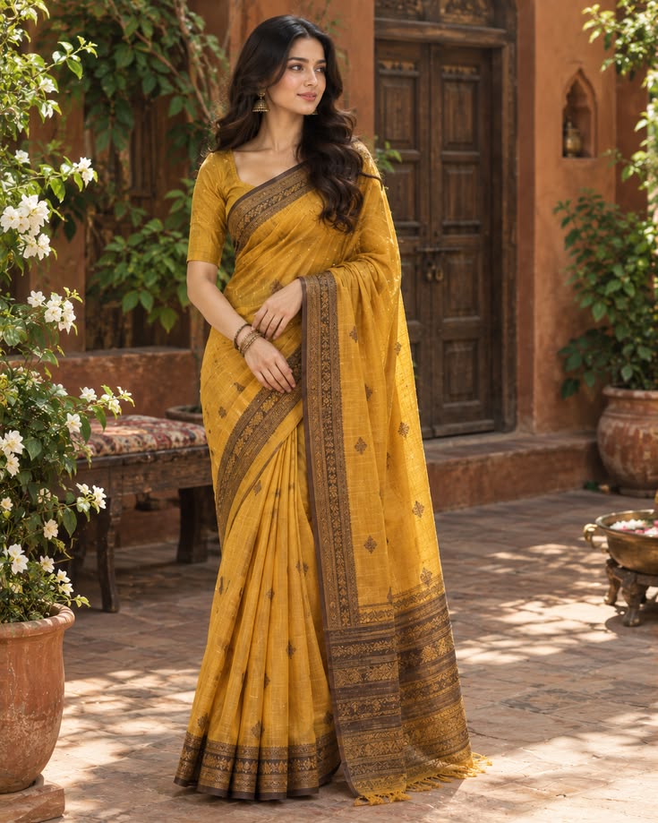 Mustard Cotton Saree